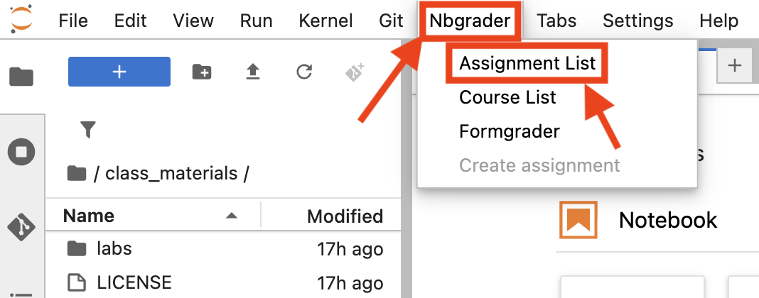 Nbgrader dropdown with Assignment List indicated