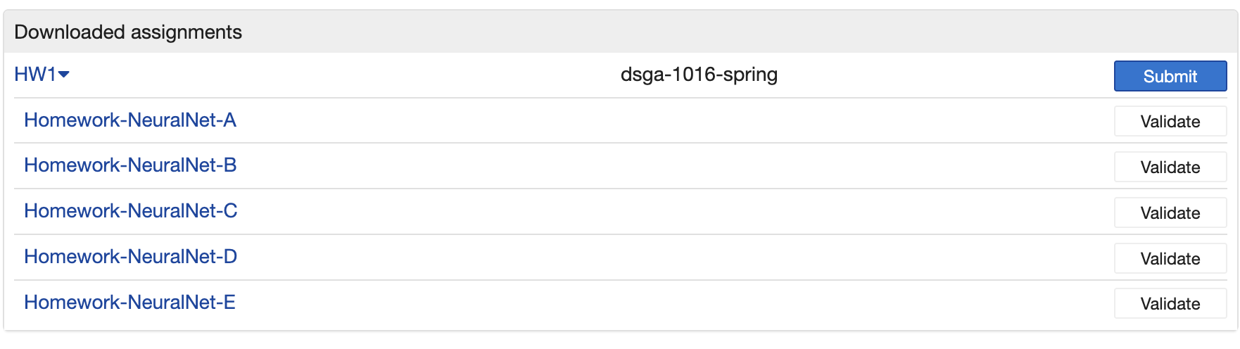 Assignment List showing Validate and Submit buttons